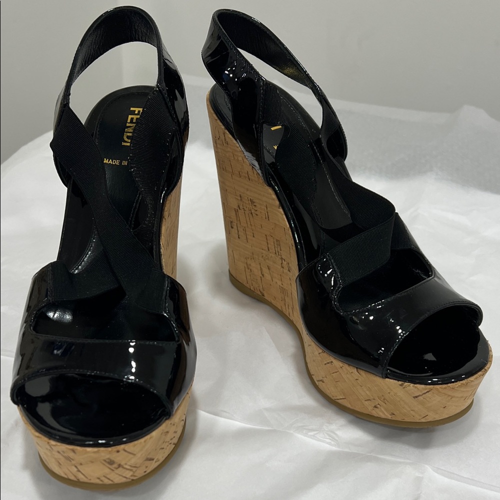 Fendi Black Patent Leather Wedges